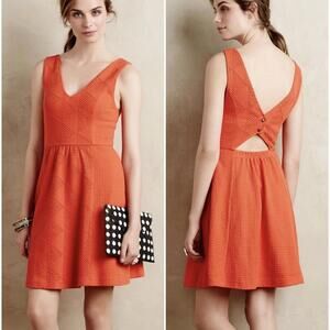 Anthropologie Maeve Orange Textured Double V Dress Back Cutout  Pockets Sz Small